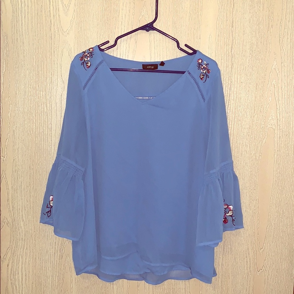Light Blue Blouse With Floral Embroidery